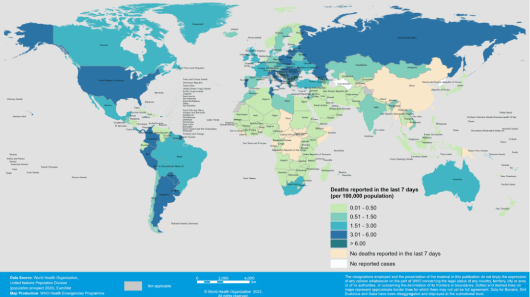 2022年1月31日至2月6日按国家、地区分类的每10万人口新冠肺炎死亡病例报告 （图源：WHO官网）