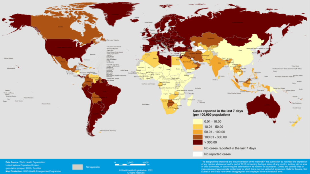 2022年1月31日至2月8日按国家、地区分类的每10万人口新冠肺炎确诊病例报告 （图源：WHO官网）