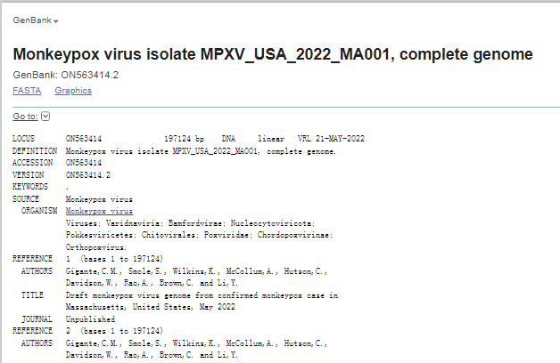 美国马塞诸塞州确诊的猴痘患者所携带病毒的基因测序结果