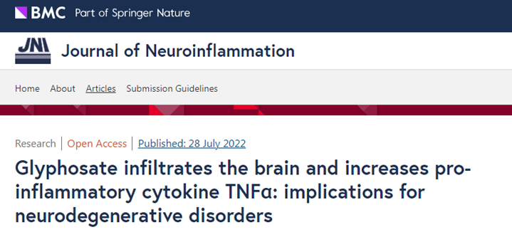 草甘膦可穿过血脑屏障并渗入大脑，提高TNF-α和可溶性Aβ的表达